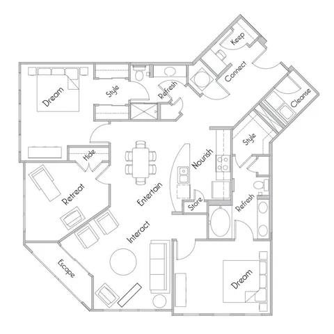 Chic floor plan showcasing two \'Dream\' bedrooms, an open \'Interact\' living space, \'Nourish\' kitchen, and two \'Refresh\' bathrooms for ultimate comfort and style.