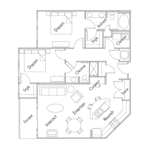 Contemporary floor plan with 2 cozy bedrooms, dual bathrooms, open-concept living area, stylish kitchen, and inviting patio space.