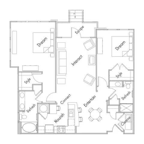 Elegant floor plan showcasing two spacious bedrooms, two stylish bathrooms, a modern open-concept living area, and a well-equipped kitchen, ideal for comfortable and contemporary living.