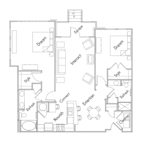 Chic floor plan outlining a spacious 2-bedroom apartment with open-concept living and dining area, modern kitchen, and stylish bathrooms.
