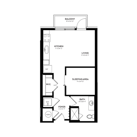 Chic apartment floor plan featuring a spacious living area, modern kitchen, cozy sleeping section, and a private balcony.