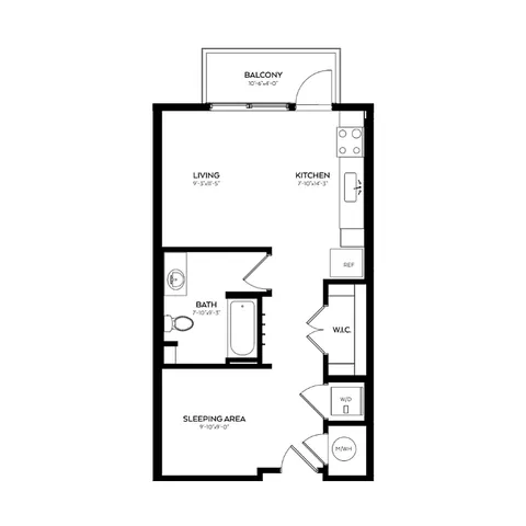 Chic studio apartment floor plan with a sleeping area, open living, kitchen, and balcony, featuring a modern bathroom and walk-in closet.