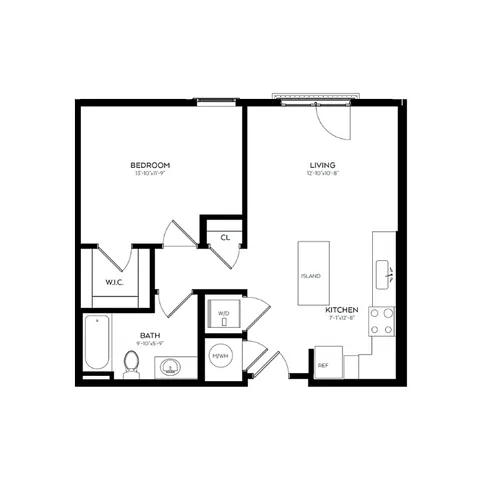 Modern floor plan showcasing 1 spacious bedroom, open living area, and a sleek kitchen with an island.