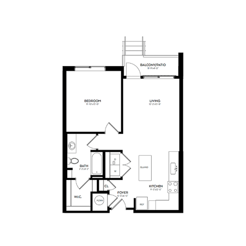 Chic floor plan highlighting a spacious 1-bedroom layout with open living area, modern kitchen, and balcony access.