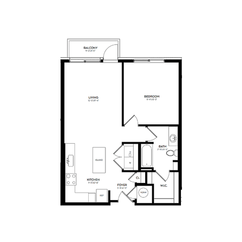 Modern 1-bedroom apartment floor plan featuring an open-concept living area, spacious kitchen, and private balcony.