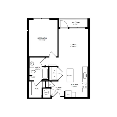 Contemporary 1-bedroom floor plan with open-concept living area, modern kitchen, and private balcony.