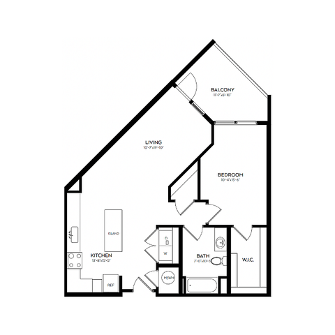 Modern floor plan showcasing a one-bedroom apartment with open living area, sleek kitchen, stylish bathroom, and private balcony.