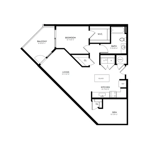 Modern floor plan showcasing a 1-bedroom apartment with a spacious den, open kitchen with island, and a stylish living area opening to a balcony.