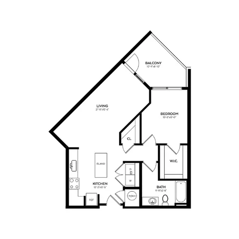 Chic and modern 1-bedroom floor plan featuring an open living area, spacious kitchen with island, and a private balcony.