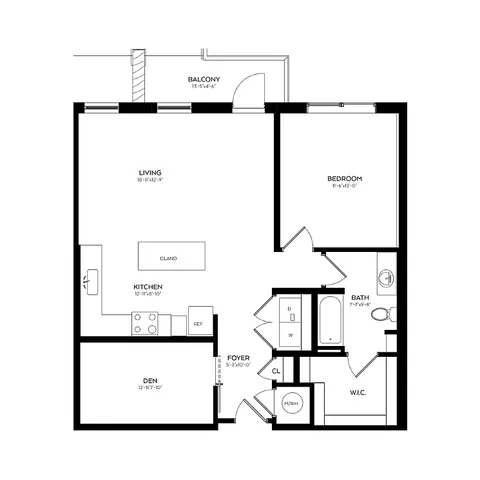 Contemporary floor plan featuring 1 spacious bedroom, a versatile den, open-concept living room with balcony access, modern kitchen with island, and a luxurious bathroom. Ideal for stylish urban living.