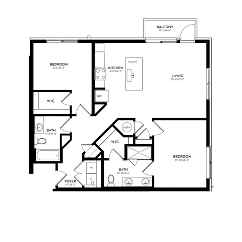 Contemporary 2D floor plan with 2 bedrooms, open kitchen with island, spacious living area, and a private balcony.