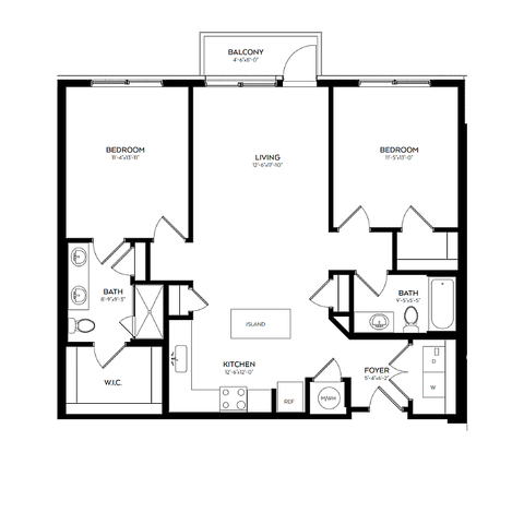 Elegant floor plan featuring 2 bedrooms, spacious living room, open kitchen with island, and private balcony.