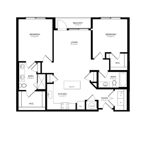 Modern floor plan showcasing 2 bedrooms, an airy living space, and a sleek kitchen with an island, complemented by two bathrooms and a charming balcony.