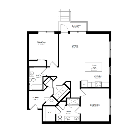 Modern floor plan featuring two bedrooms, two bathrooms, an open-concept living room opening to a balcony, and a sleek kitchen with an island.