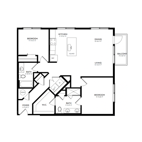 Modern floor plan with two bedrooms, spacious kitchen with island, open living and dining area, plus a balcony.