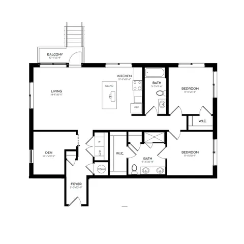 Elegant floor plan featuring 2 bedrooms, spacious living room with balcony access, modern kitchen with island, and cozy den.