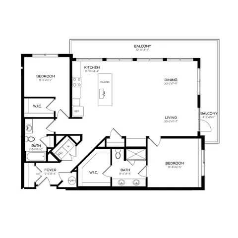 Luxurious floor plan showcasing 2 spacious bedrooms, open-concept living and dining area, modern kitchen with island, and expansive balcony.