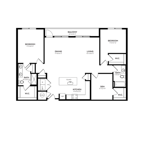 Contemporary floor plan showcasing 2 bedrooms, expansive living and dining areas, modern kitchen with island, den, and balcony access.