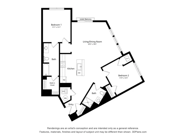 Modern floor plan featuring 2 spacious bedrooms, open living/dining area, elegant kitchen, and a Juliet balcony for added charm.