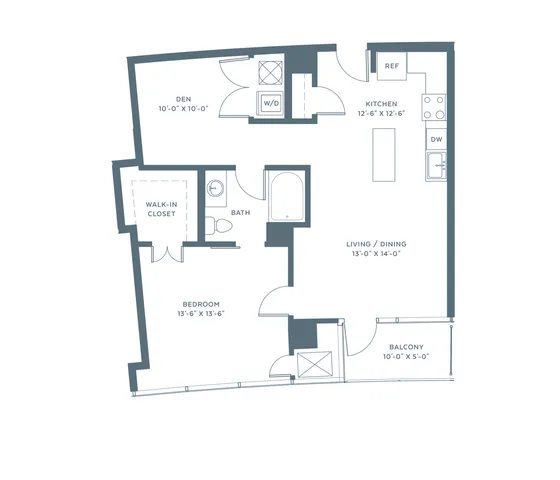 Contemporary floor plan featuring a spacious bedroom, den, open living and dining area, modern kitchen, and balcony access.