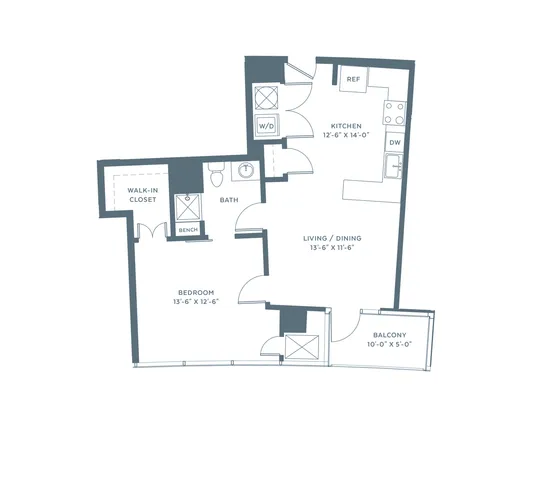 Modern floor plan showcasing a 1-bedroom apartment with a spacious walk-in closet, open living and dining area, stylish kitchen, and a cozy balcony.