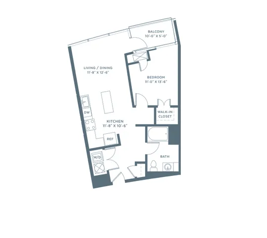 Chic and modern floor plan with 1 bedroom, open kitchen, living and dining area, walk-in closet, and private balcony.