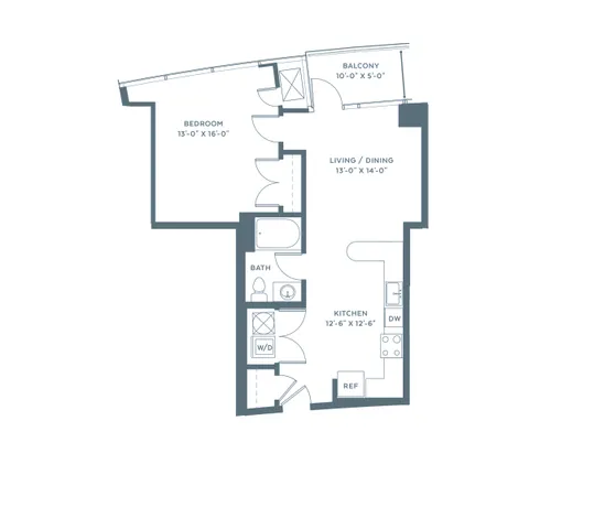 Modern floor plan showcasing a spacious 1-bedroom apartment with open living and dining area, stylish kitchen, elegant bath, and private balcony.