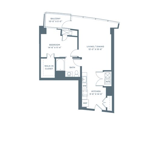 Modern apartment floor plan showcasing a spacious bedroom with walk-in closet, a stylish living and dining area, equipped kitchen, and a cozy balcony.