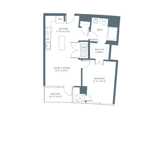 Modern one-bedroom apartment floor plan featuring an open kitchen with island, spacious living/dining area, walk-in closet, and private balcony.