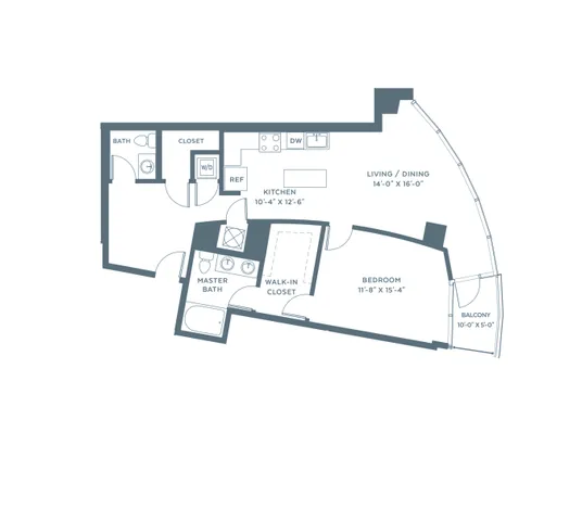 Modern one-bedroom apartment floor plan with a spacious living/dining area, sleek kitchen, and cozy balcony for relaxation.