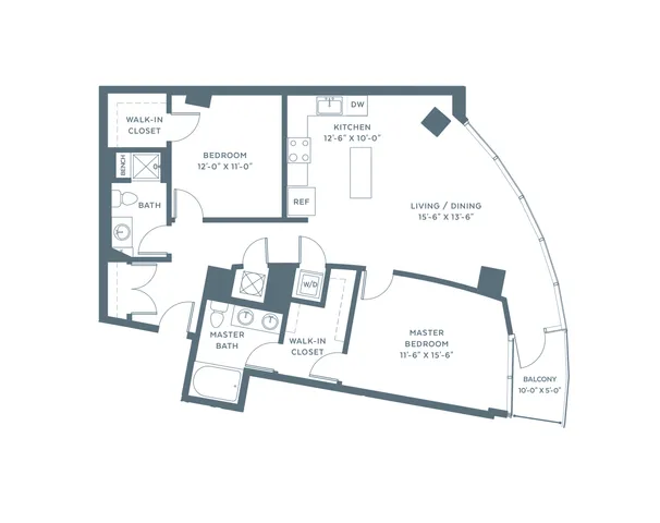 Modern floor plan showcasing 2 bedrooms, a spacious living/dining area, stylish kitchen, 2 luxurious baths, and a delightful balcony.