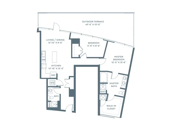 Modern floor plan featuring 2 bedrooms, a spacious kitchen, open living/dining area, and an expansive outdoor terrace.