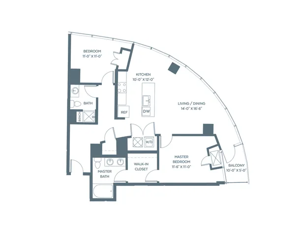 Modern curved floor plan featuring a living/dining area, 2 bedrooms, and a balcony. Includes a spacious master suite with walk-in closet and a well-equipped kitchen.