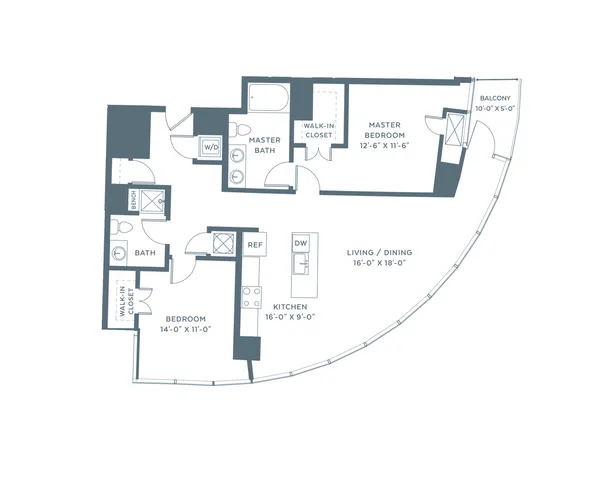 Elegant 2D floor plan highlighting 2 bedrooms, modern kitchen, and expansive living/dining area with balcony access.