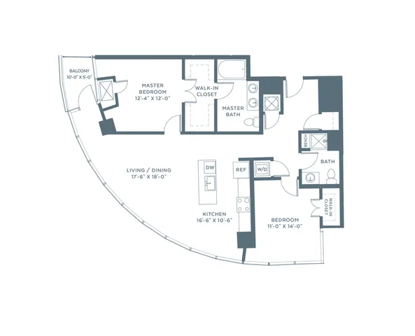 Elegant apartment floor plan with two bedrooms, expansive living and dining area, stylish kitchen, and a private balcony.