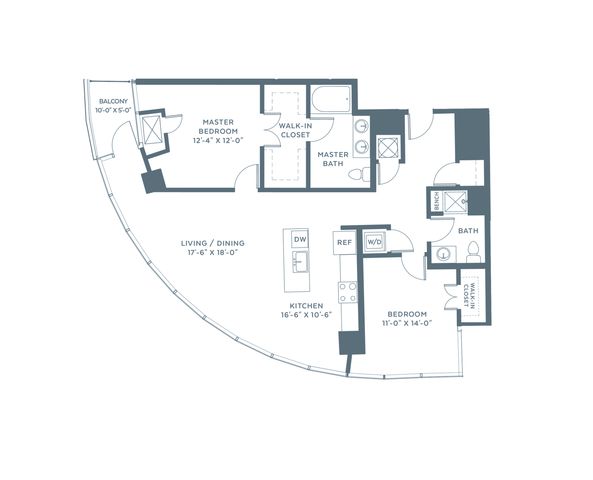 Spacious floor plan showcasing 2 bedrooms with walk-in closets, a modern kitchen, and expansive living and dining area. Includes a balcony for outdoor relaxation.