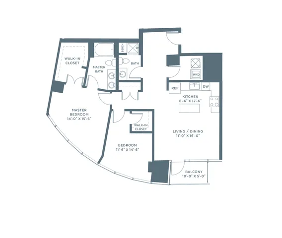 Elegant floor plan showcasing 2 bedrooms, a spacious master with walk-in closet, modern kitchen, open living/dining area, and a cozy balcony.