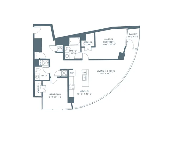 Modern apartment floor plan featuring 2 bedrooms, spacious living and dining area, open kitchen, master suite with walk-in closet, and private balcony.
