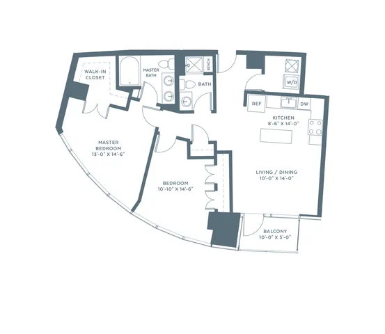 Contemporary 2D floor plan showcasing a master bedroom with walk-in closet, an additional bedroom, spacious living and dining area, modern kitchen, balcony, and two bathrooms.