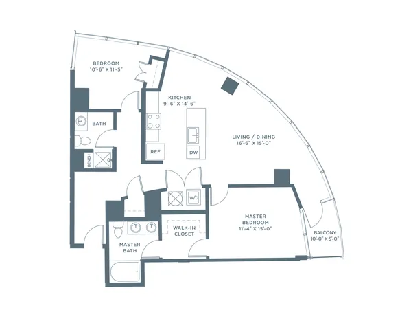 Elegant floor plan displaying 2 bedrooms, a modern kitchen, spacious living/dining area, and inviting balcony. Includes master suite with walk-in closet and master bath.
