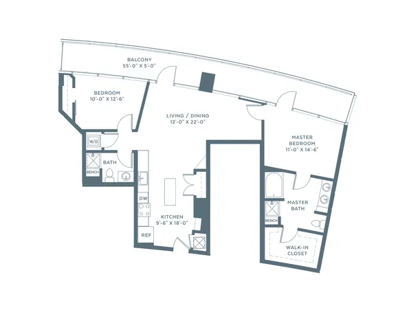 Modern floor plan showcasing two spacious bedrooms, a sleek open-concept living and dining area, gourmet kitchen, two deluxe bathrooms, and a private balcony.