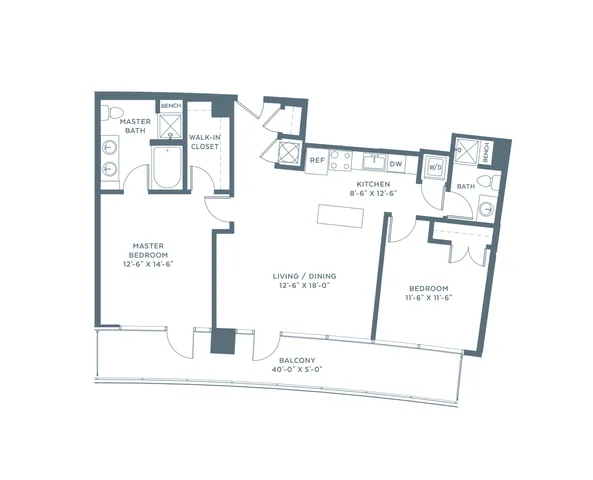 Elegant 2D floor plan featuring a spacious master bedroom with en-suite bath, a secondary bedroom, open living and dining area, modern kitchen, and a generous balcony.