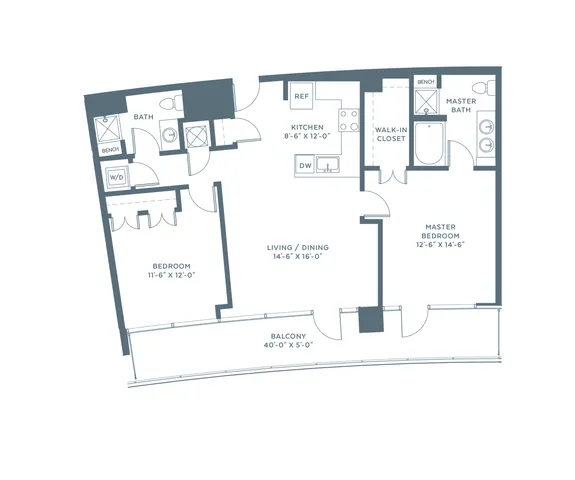 Modern 2D floor plan featuring a master bedroom with en-suite, additional bedroom, spacious living and dining area, sleek kitchen, and inviting balcony space.