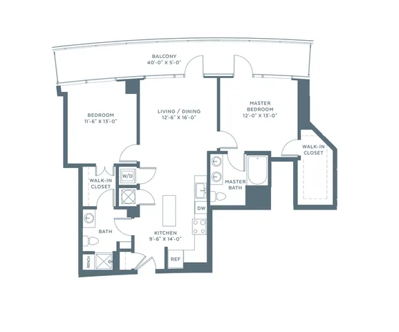 Contemporary apartment floor plan with 2 spacious bedrooms, an open living/dining area, and a modern kitchen, featuring a sizable balcony and convenient walk-in closets.
