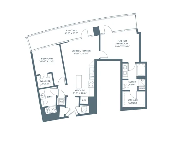 Modern floor plan showcasing a spacious 2-bedroom apartment with a large living/dining area, sleek kitchen, master suite with walk-in closet and bath, additional bathroom, and a charming balcony.