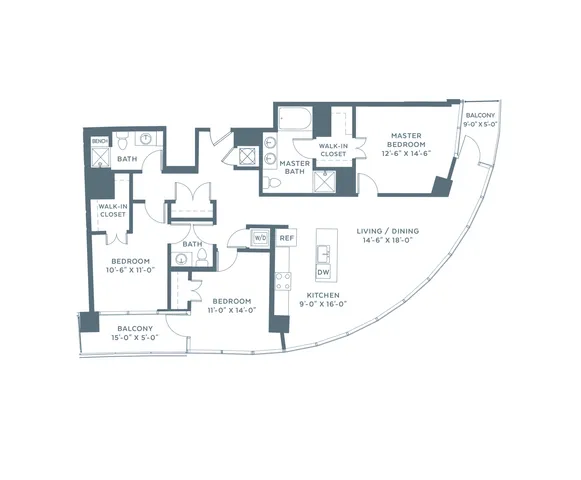 Elegant floor plan featuring a spacious curved living and dining area, three bedrooms with walk-in closets, modern kitchen, and two balconies for outdoor enjoyment.