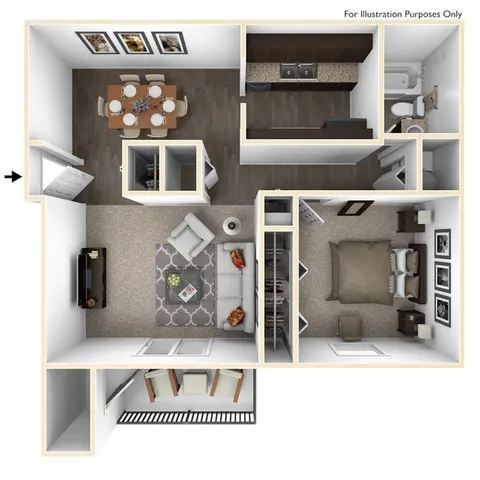 Modern 3D floor plan featuring one bedroom, inviting living area, sleek kitchen, and cozy dining room with elegant decor.