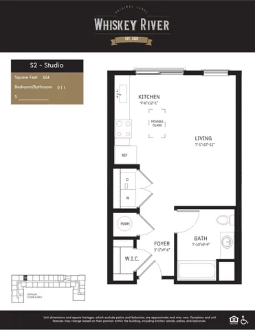 Chic Whiskey River studio apartment floor plan featuring a modern kitchen with movable island, cozy living area, and spacious bath in a 504 sq ft layout.