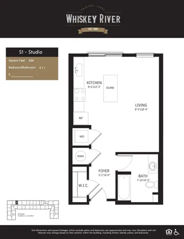 Modern studio floor plan from Whiskey River featuring open kitchen with island, spacious living area, walk-in closet, and sleek bathroom, totaling 504 sq ft.