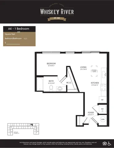 Whiskey River A4 floor plan featuring a stylish 1-bedroom, 1-bathroom layout with modern kitchen, spacious living area, and convenient walk-in closet, totaling 531 sq ft.